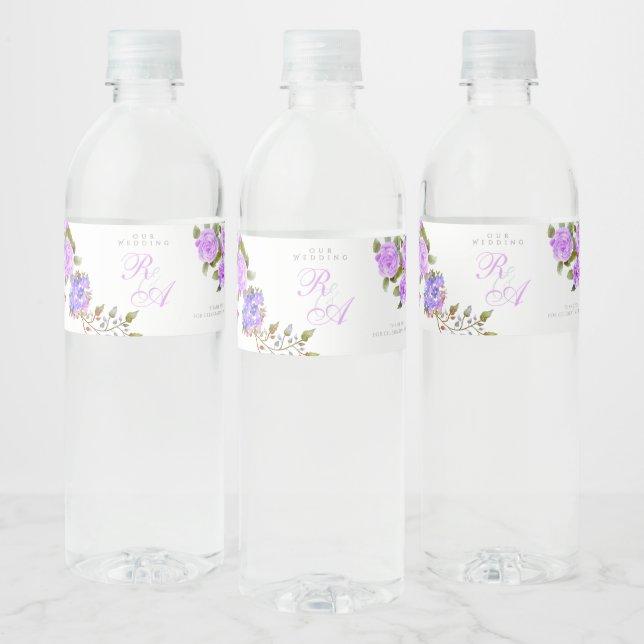 Lila Ro Ribbon Monogram Bröllop Vattenflaska Etikett (Flaskor)