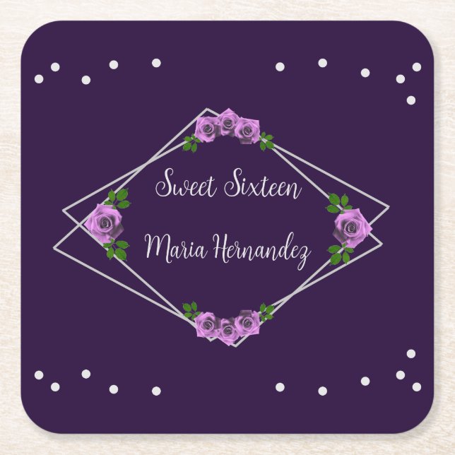 Lila Ro Silver Geometric Sweet 16 Underlägg Papper Kvadrat (Framsidan)