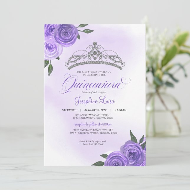 Lila Ro Silver Tiara Quinceañera Birthday Inbjudningar (Stående Fram)