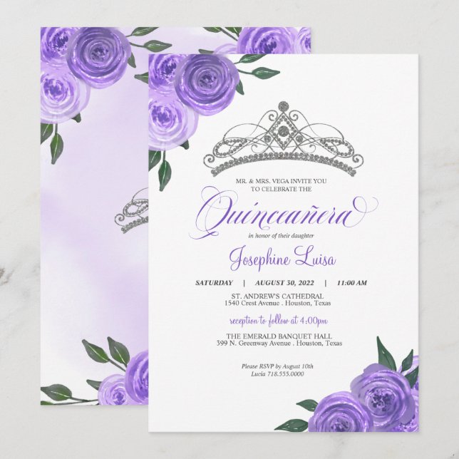 Lila Ro Silver Tiara Quinceañera Birthday Inv Inbjudningar (Fram/baksida)