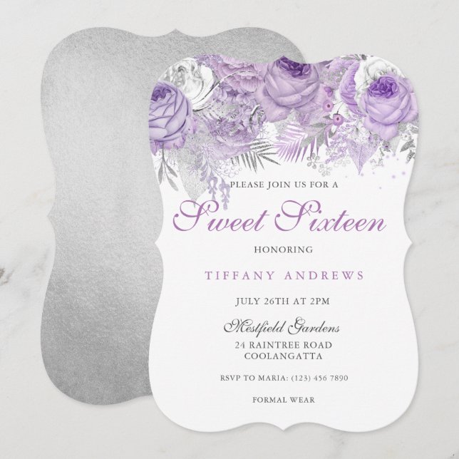 Lila Ro Silver Wonderland Sweet 16 Inbjudan (Fram/baksida)