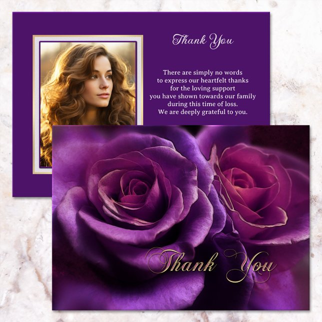 Lila Ro Sympathy Memorial Photo Tack Kort (Photo sympathy Thank You card featuring an elegant purple rose with gold Thank You script text)