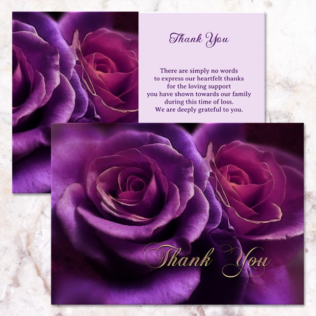 Lila Ro Sympathy Memorial Tack Kort (Sympathy Thank You card featuring an elegant purple rose with an optional gold Thank You script text)