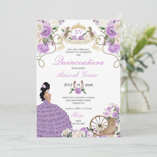 Lila Ro Western Charro Cowgirl Quinceañera Inbjudningar (Stående Fram)