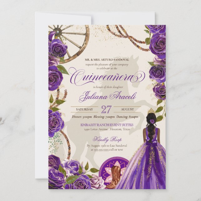 Lila Ro Western Ranch Charro Quinceanera Invi Inbjudningar (Framsida)