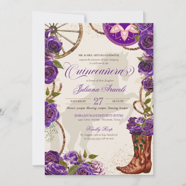 Lila Ro Westernare Boots Charro Quinceanera Inbjudningar (Framsida)
