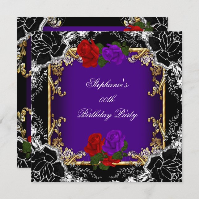 Lila Röd ros Guld Black Födelsedagsfest Inbjudningar (Fram/baksida)