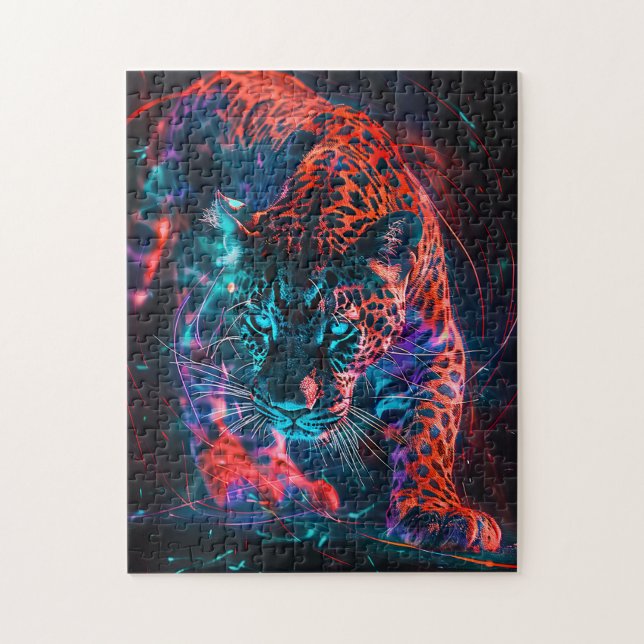 Lila Röd Turkos Neon Jaguar Ljus Pussel (Vertikal)