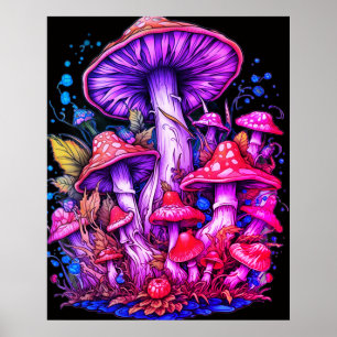 Lila + Röda Svampar Svart Bakgrund på en Vägg Poster
