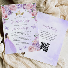 Lila Rödfärgad Blommig Akvarell QR-kod Quinceañera Inbjudningar