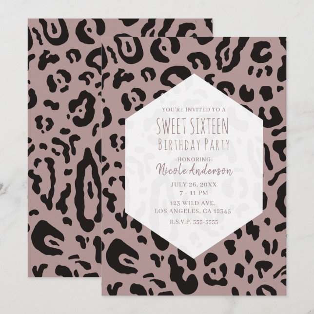 Lila Rodnad Rosa Gepard Leopard Sott 16 Festsaker Inbjudningar (Fram/baksida)