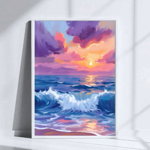 Lila Rodnad Solnedgang Ocean Glimmer Vattenfärg Poster