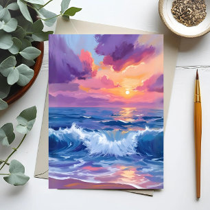 Lila Rodnad Solnedgång Ocean Glimmer Vattenfärg Vykort