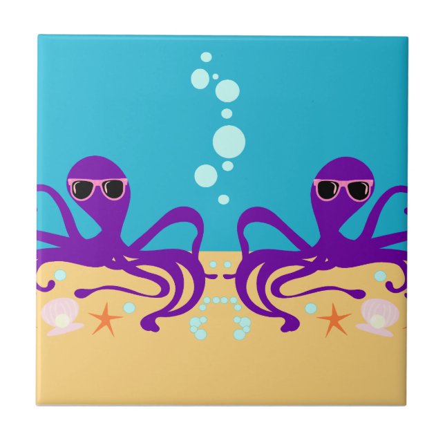 Lila Roligt Groovy Octopus Tecknad Art. Kakelplatta (Framsidan)