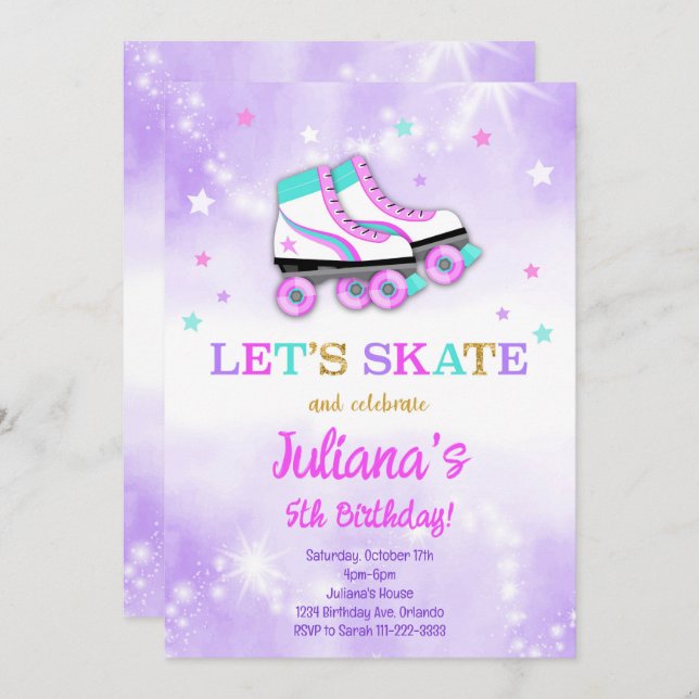 Lila Roller Skate Birthday-inbjudan Inbjudningar (Fram/baksida)