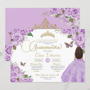 Lila Ros Blommig Guld Tiara Fjäril Quince Inbjudan