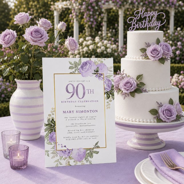 Lila Ros Guld Blommig 90-årsfest Inbjudningar (Skapare uppladdad)