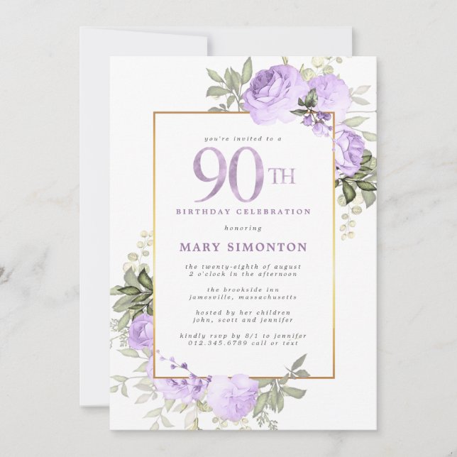 Lila Ros Guld Blommig 90-årsfest Inbjudningar (Framsida)