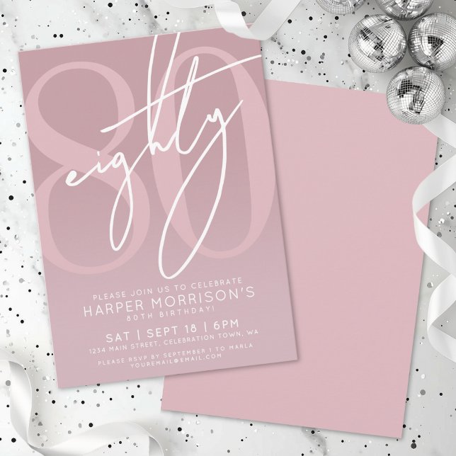 Lila Rosa 80-årsfest Inbjudningar (Mauve Pink 80th Birthday Party Invitation)