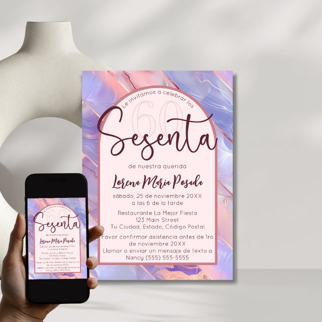 Lila Rosa Agat Spansk 60-årsdag För Henne Inbjudningar (Skapare uppladdad)