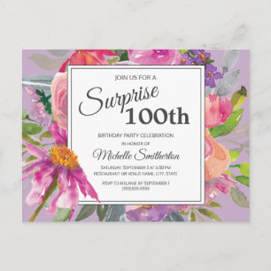 Lila Rosa Akvarell Blommig 100-årsdag Vykort