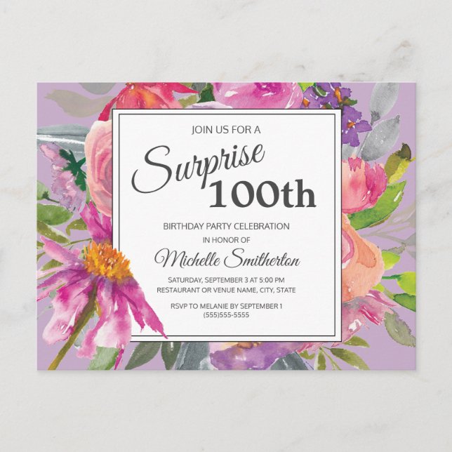 Lila Rosa Akvarell Blommig 100-årsdag Vykort (Framsida)
