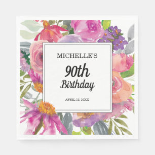 Lila Rosa Akvarell Blommig 90-årsdag Pappersservett