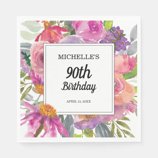 Lila Rosa Akvarell Blommig 90-årsdag Pappersservett (Framsidan)