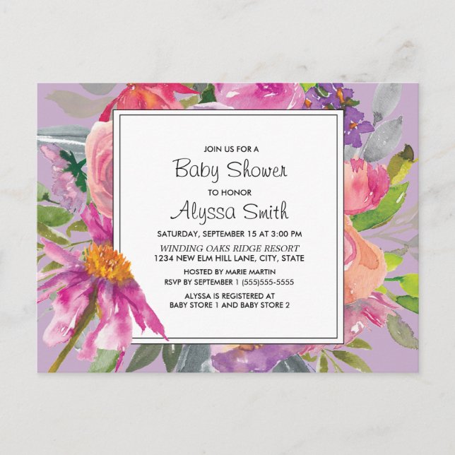 Lila Rosa Akvarell Blommig Bebis Shower Vykort (Framsida)