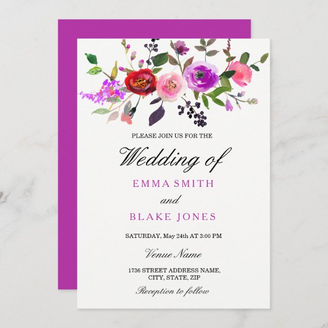 Lila Rosa Akvarell Blommig Bröllopsinbjudan Inbjudningar (Fram/baksida)