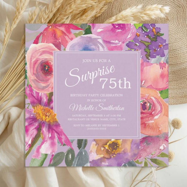 Lila Rosa Akvarell Vilda Blommor 75-årsdag Inbjudningar (Elegant purple and pink watercolor wildflowers surprise 75th birthday party invitation)