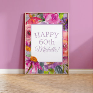 Lila Rosa Akvarell Vilda Blommor Glad 60-årsdag Poster