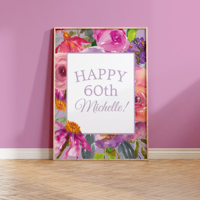 Lila Rosa Akvarell Vilda Blommor Glad 60-årsdag Poster (Skapare uppladdad)