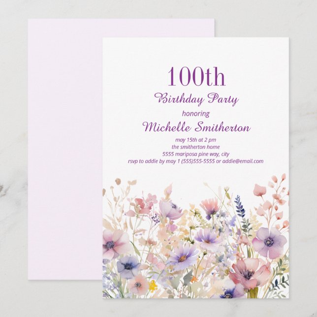 Lila Rosa Akvarell Vildblomma 100-årsdag Inbjudningar (Fram/baksida)