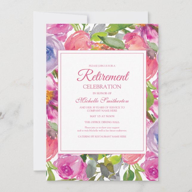 Lila Rosa Akvarell Vildblomma Pension Inbjudningar (Framsida)