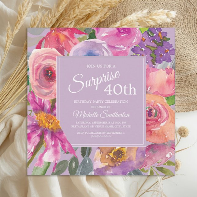 Lila Rosa Akvarell Vildblommor 40-årsdag Inbjudningar (Pink and purple watercolor floral surprise 40th birthday party invitation)