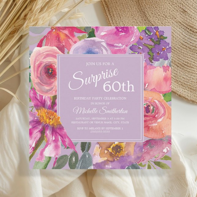 Lila Rosa Akvarell Vildblommor 60-årsdag Inbjudningar (Pink and purple watercolor wildflowers surprise 60th birthday party invitation)