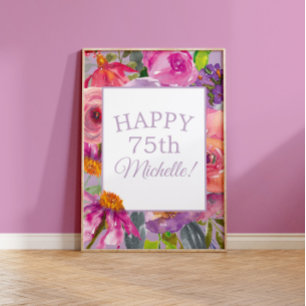 Lila Rosa Akvarell Vildblommor Glad 75-årsdag Poster