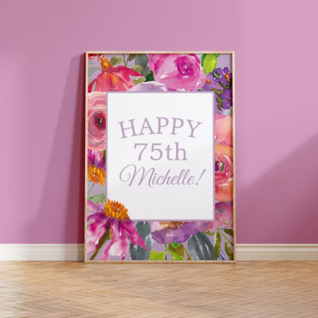 Lila Rosa Akvarell Vildblommor Glad 75-årsdag Poster (Skapare uppladdad)
