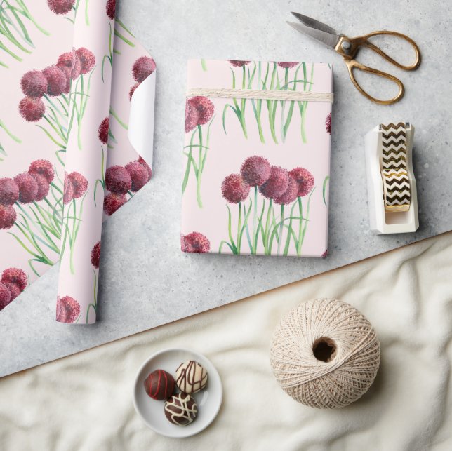 Lila Rosa Alliums Flower Watercolor Illustration Presentpapper (Hantverk)