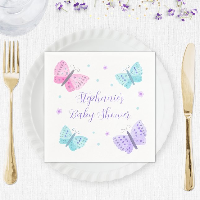 Lila Rosa Aqua Butterflies Baby Shower Pappersservett (Skapare uppladdad)