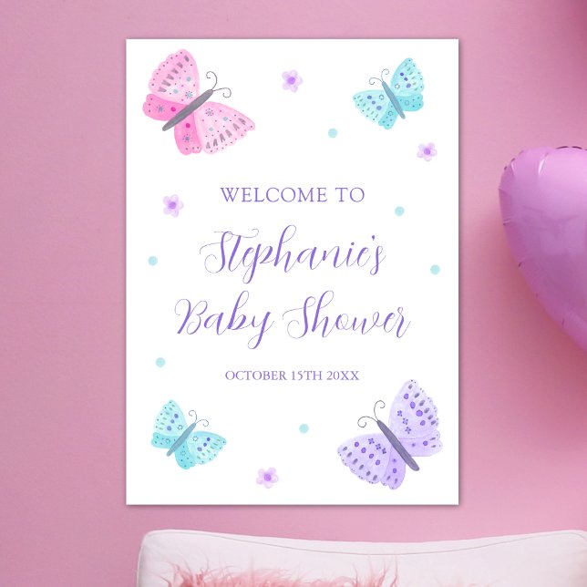 Lila Rosa Aqua Butterflies Baby Shower Poster (Skapare uppladdad)