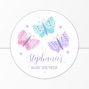 Lila Rosa Aqua Butterflies Baby Shower Runt Klistermärke