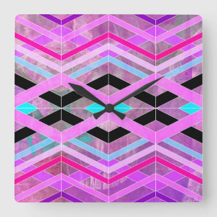Lila Rosa & Aqua Geometric Crossing Rand Fyrkantig Klocka