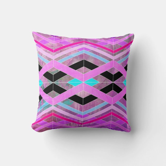 Lila Rosa & Aqua Geometric Crossing Rand Kudde (Framsida)