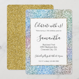 Lila Rosa Aqua Guld Enhörning Glitter Födelsedag Inbjudningar