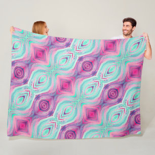 Lila Rosa Aqua Mönster Boho Fleecefilt