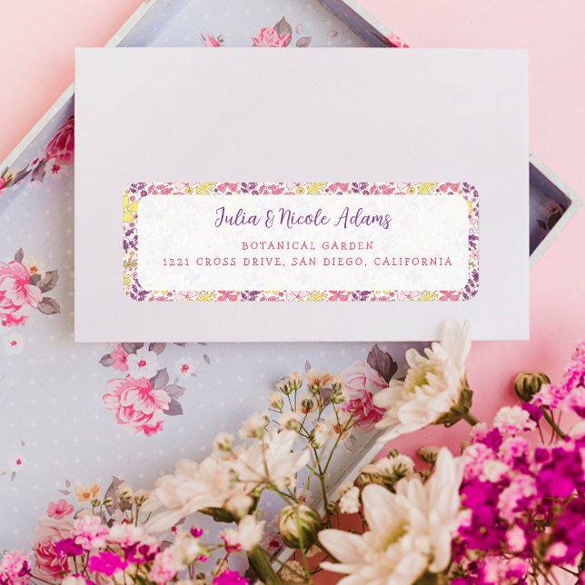 Lila Rosa Båge Vildblommor Blommar Barnkalas Returadress Etikett (Skapare uppladdad)