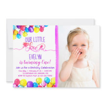 Lila rosa BALLOON Girl 1:a födelsedagsinbjudan