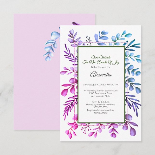 Lila Rosa Blå Eukalyptus Baby Shower inbjudan (Fram/baksida)